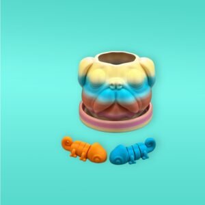 3D-Printed Rainbow Pug Planter with Articulated Chameleon Fidget Set