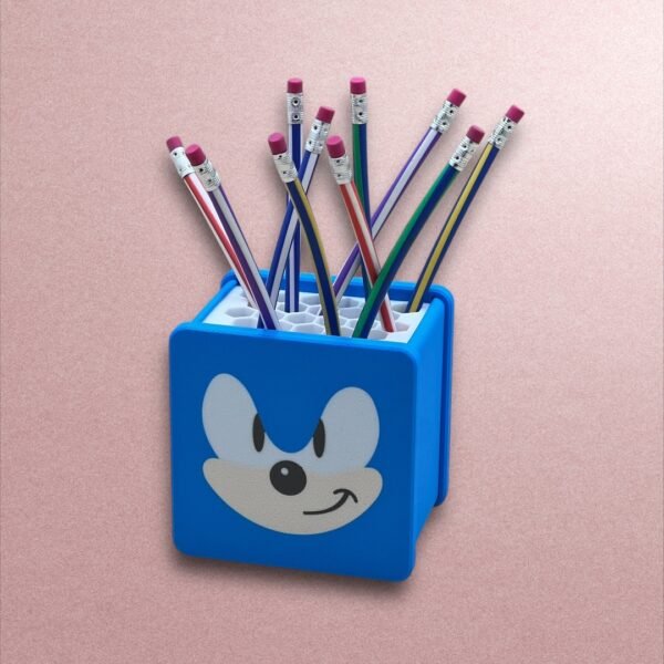 3D-Printed Blue Sonic-Inspired Grid Pencil Holder