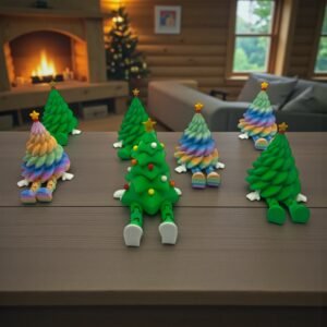 Sitting Christmas Tree Figurines – Dangly Legs Holiday Decor (Green & Rainbow Edition)